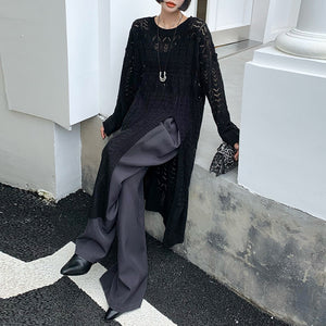 V-neck High Slit Hollow Knit Sweater
