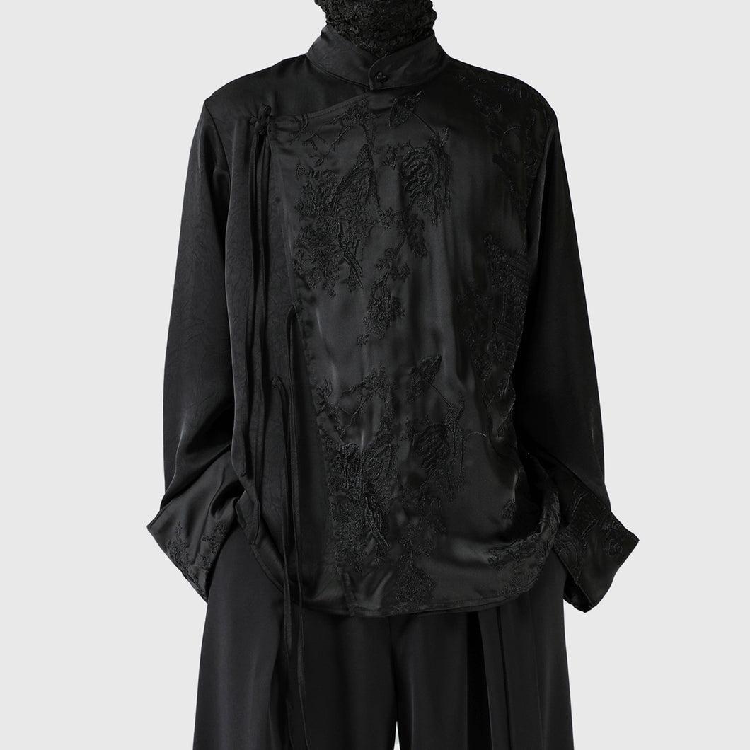 Stand-up Collar Embroidered Diagonal Placket Shirt