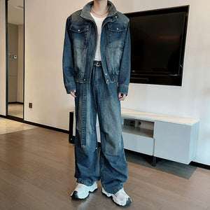 American Retro Washed Denim Jacket Machete Trousers Two-piece Suit