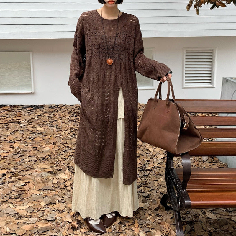 V-neck High Slit Hollow Knit Sweater