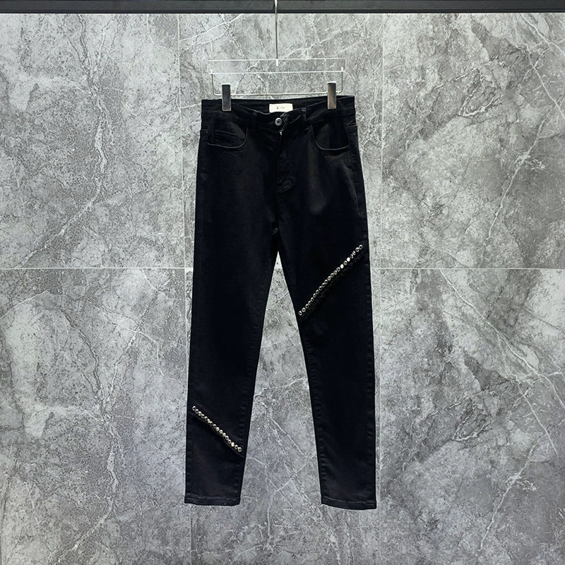 Rivet Zipper Black Denim Slim Fit Pencil Pants