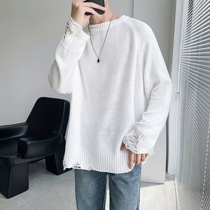 Hollow Knit Solid Color Ripped Top