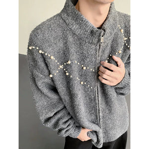 Hand-sewn Pearl Embellished Zip-up Cardigan