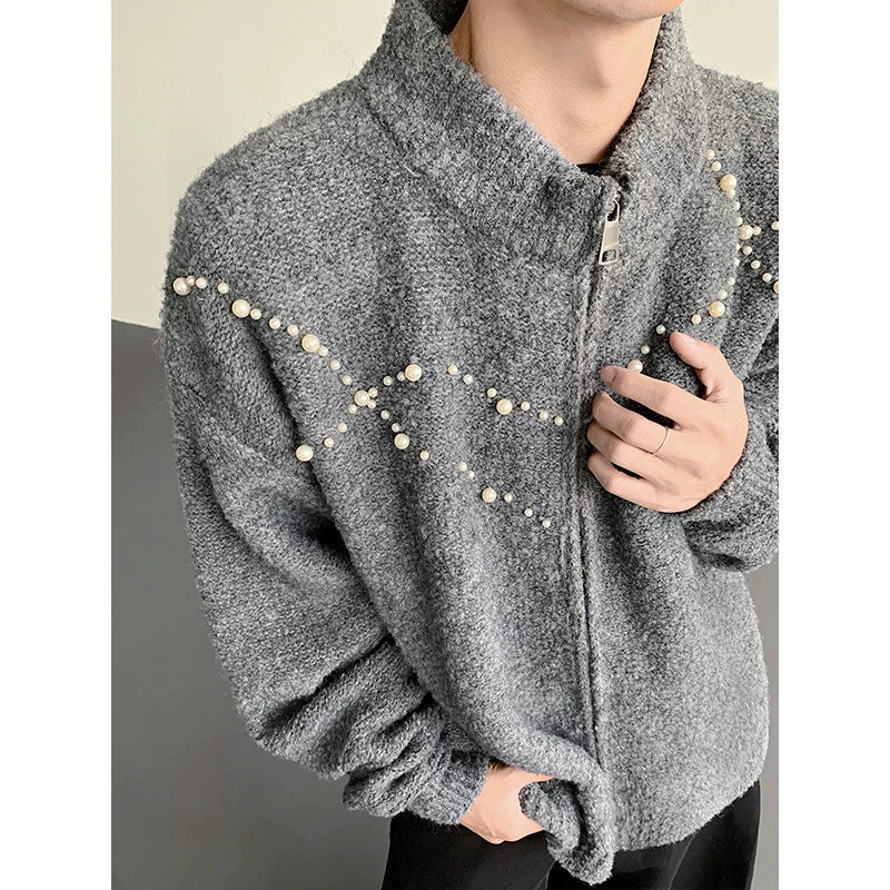 Hand-sewn Pearl Embellished Zip-up Cardigan