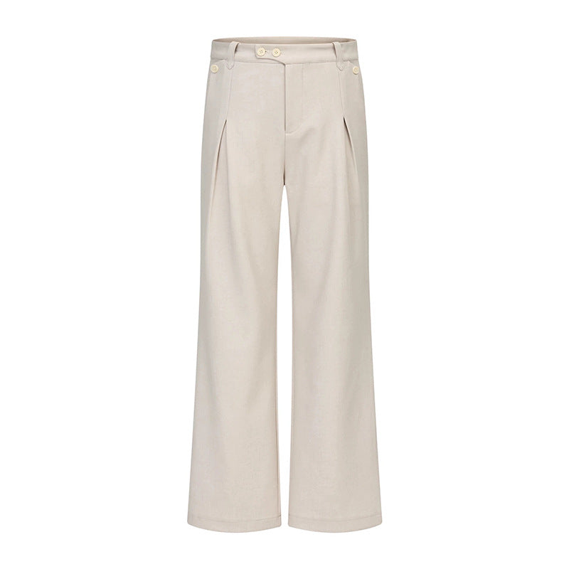 Linen Slanted Placket Double-pleat Straight Trousers