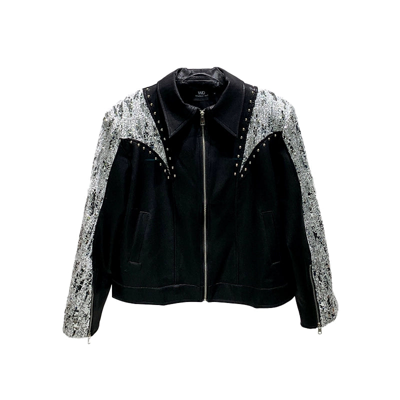 Heavy Rivet Sequin Patchwork Shoulder Pad Jacket