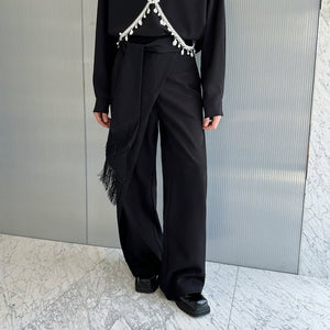 Tassel Belt Straight Irregular Patchwork Trousers