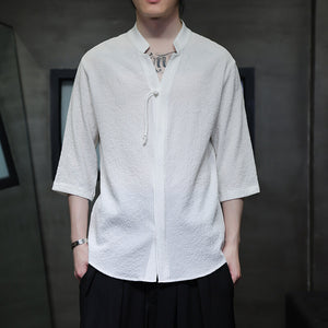 V-neck Pleated Three-quarter Sleeve Shirt