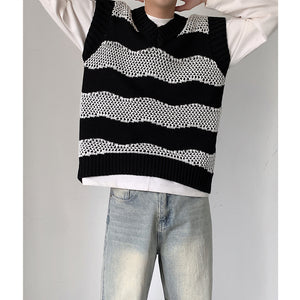V-neck Preppy Sleeveless Wavy Knitted Vest