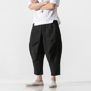Cotton and Linen Cuffed Wide Leg Harem Pants