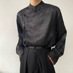 Irregular Jacquard Stand-up Collar Buttoned Tassel Casual Shirt