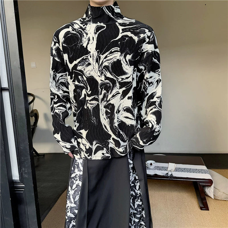 Retro Half Turtleneck Ink Print Casual Shirt