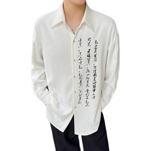 Calligraphy Print Long Sleeve Lapel Shirt