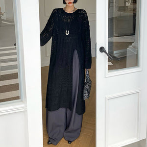 V-neck High Slit Hollow Knit Sweater