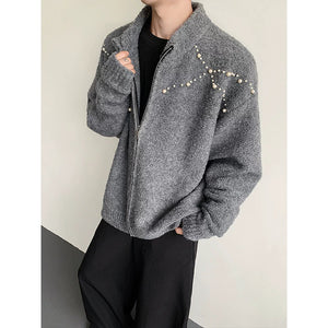 Hand-sewn Pearl Embellished Zip-up Cardigan