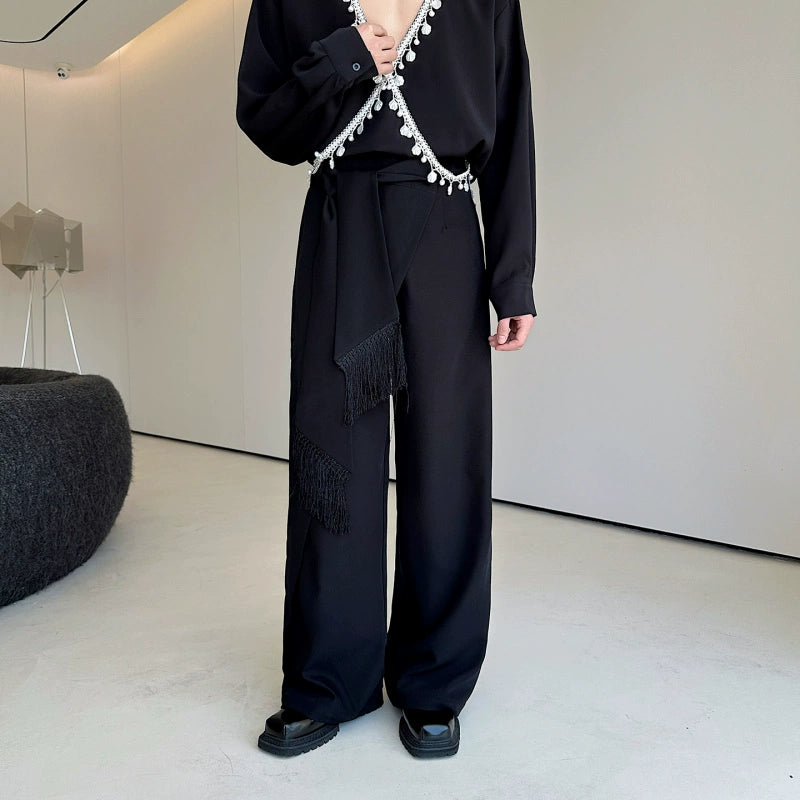 Tassel Belt Straight Irregular Patchwork Trousers