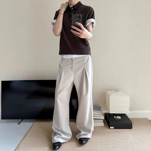 Linen Slanted Placket Double-pleat Straight Trousers