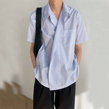 Load image into Gallery viewer, Irregular Short-sleeved Blue Striped Shirt
