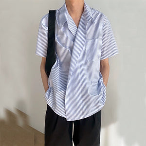 Irregular Short-sleeved Blue Striped Shirt