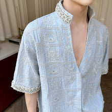 Load image into Gallery viewer, Stand Collar Embroidered Rhinestone V-neck Shirt
