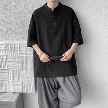 Load image into Gallery viewer, Cotton and Linen Henley Collar Loose T-Shirt
