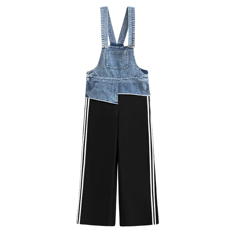 Contrast Color Patchwork Loose Denim Overalls