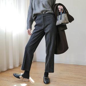 Straight Herringbone Wool Cropped Trousers