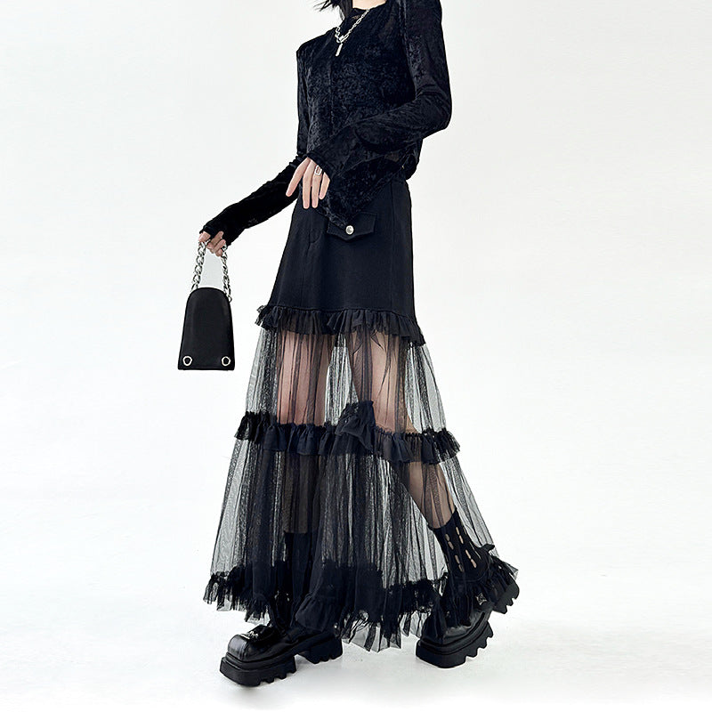 French Denim Patchwork Mesh Skirt