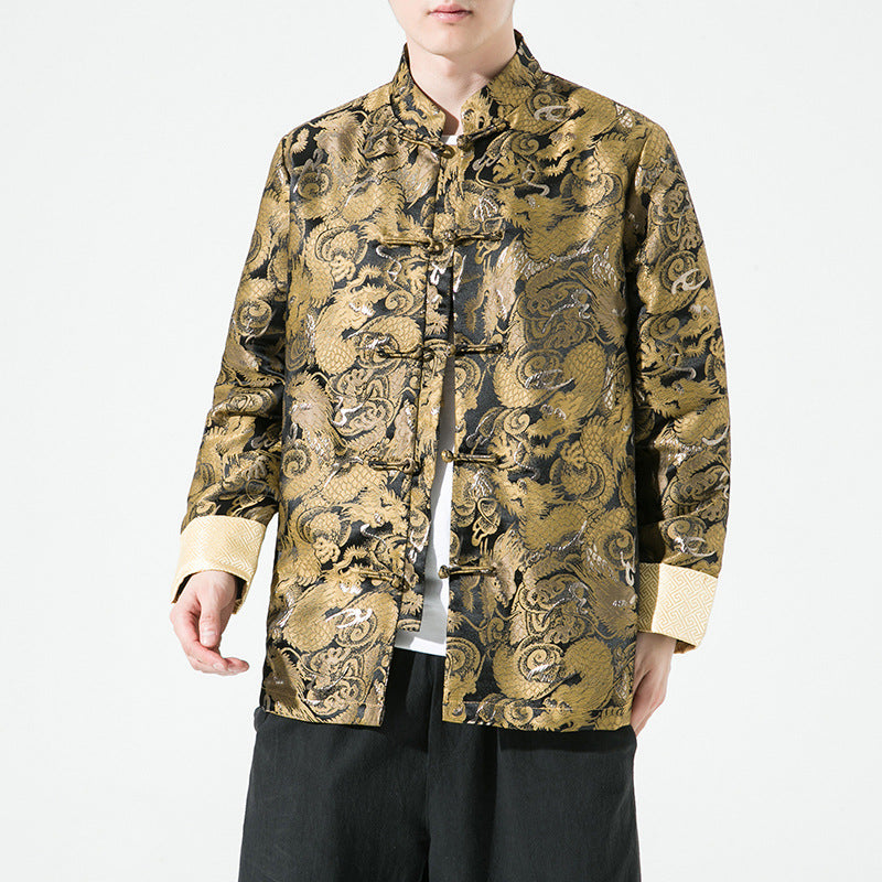 Loose Stand Collar Dragon Pattern Jacquard Disc Button Jacket