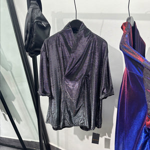 V-neck Ice Silk Loose Casual Shiny T-shirt
