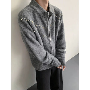 Hand-sewn Pearl Embellished Zip-up Cardigan