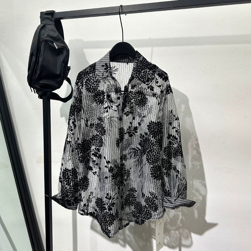 Retro Hollow Print Loose Casual Shirt