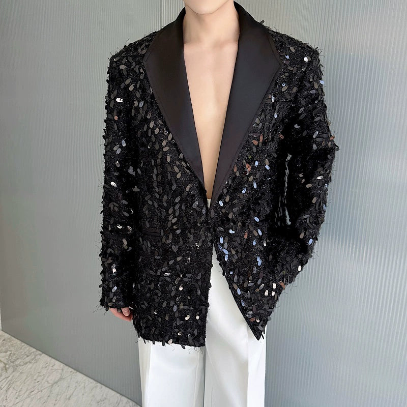 Sequined Lapel Loose Solid Color Suit Jacket