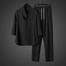Load image into Gallery viewer, Vintage Ice Silk Loose Zen Clothes Half Sleeve T-shirt Drawstring Pants Two-Piece Set
