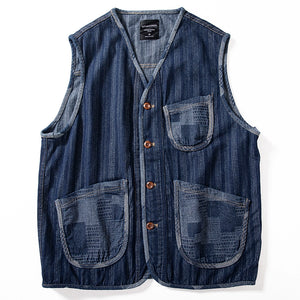 Denim Japanese Style Multi-pocket Patchwork Contrast Color Vest