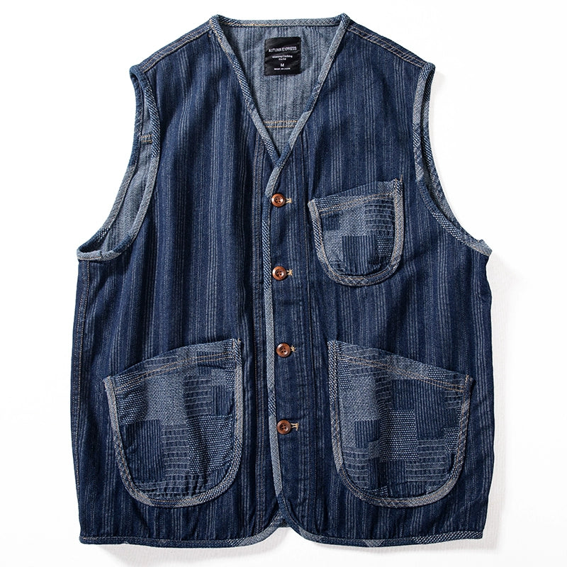 Denim Japanese Style Multi-pocket Patchwork Contrast Color Vest