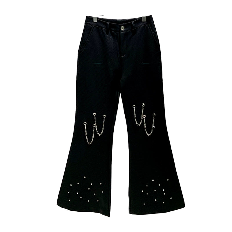 Heavy Metal Chain Beaded Diamond Bootcut Pants