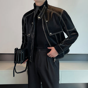 Topstitched Short Motorcycle Leather Jacket