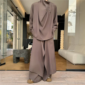 Asymmetric Long-sleeved Shirt and Wide-leg Pants Two-piece Set