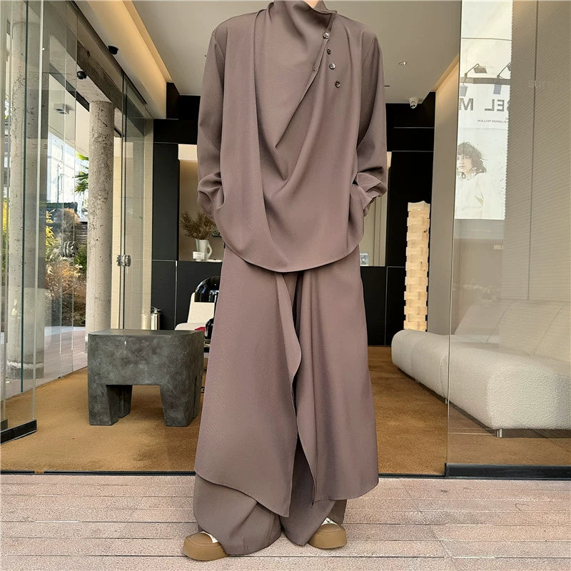 Asymmetric Long-sleeved Shirt and Wide-leg Pants Two-piece Set