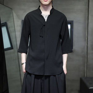 V-neck Pleated Three-quarter Sleeve Shirt