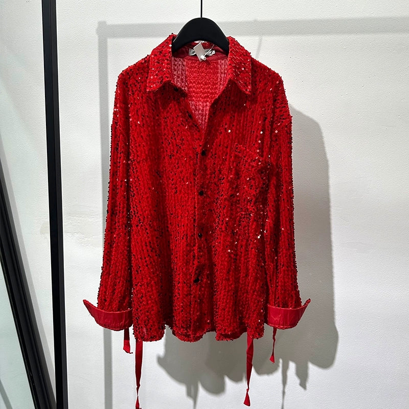 Irregular Design Sequined Lace-up Shirt