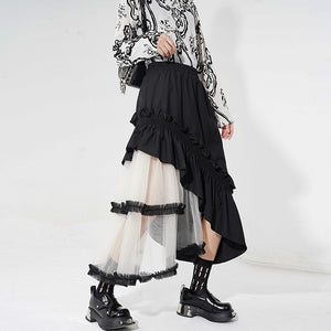 Contrast Color Panel Ruffled Mesh Skirt