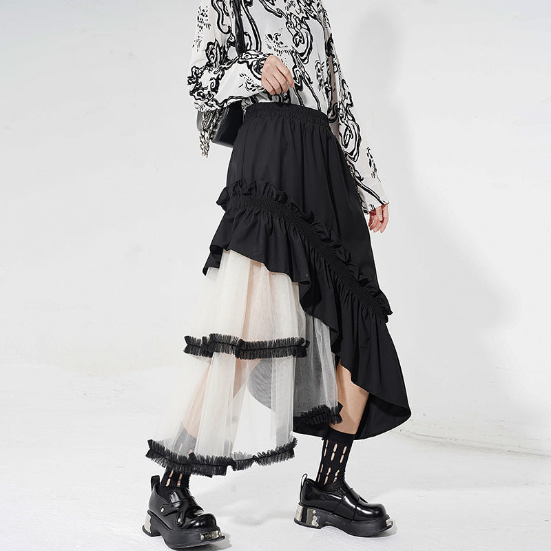 Contrast Color Panel Ruffled Mesh Skirt