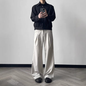 Linen Slanted Placket Double-pleat Straight Trousers
