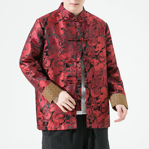 Loose Stand Collar Dragon Pattern Jacquard Disc Button Jacket