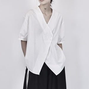 Asymmetric V-neck Loose Thin Short-sleeved Shirt