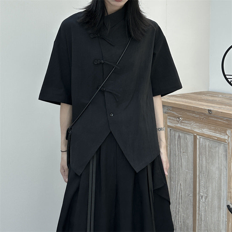 Slanted Buttoned Solid Color Irregular Shirt