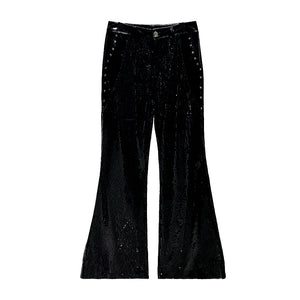 Heavy Sequined PU Metal Rivet Flared Pants