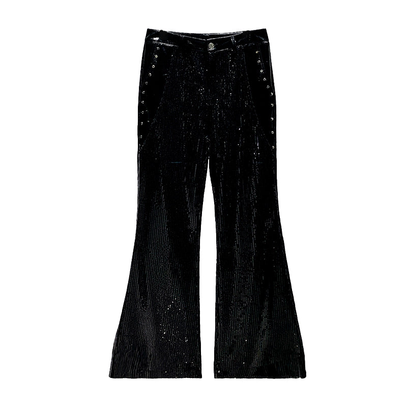 Heavy Sequined PU Metal Rivet Flared Pants